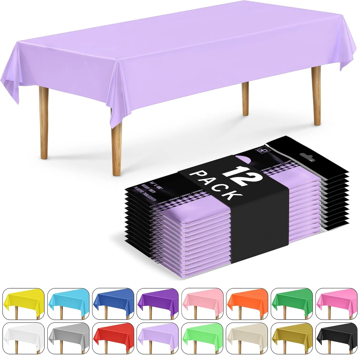 DecorRack 12 Rectangular Tablecloths BPA-Free Plastic, 54 x 108 inch, Dining Table Cloth, Rectangle Table Cover for Parties, Picnic, Camping and Outdoor, Disposable or Reusable, Lavender (12 Pack)