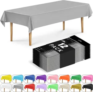 DecorRack 12 Rectangular Tablecloths BPA-Free Plastic, 54 x 108 inch, Dining Table Cloth, Rectangle Table Cover for Parties, Picnic, Camping and Outdoor, Disposable or Reusable, Silver (12 Pack)