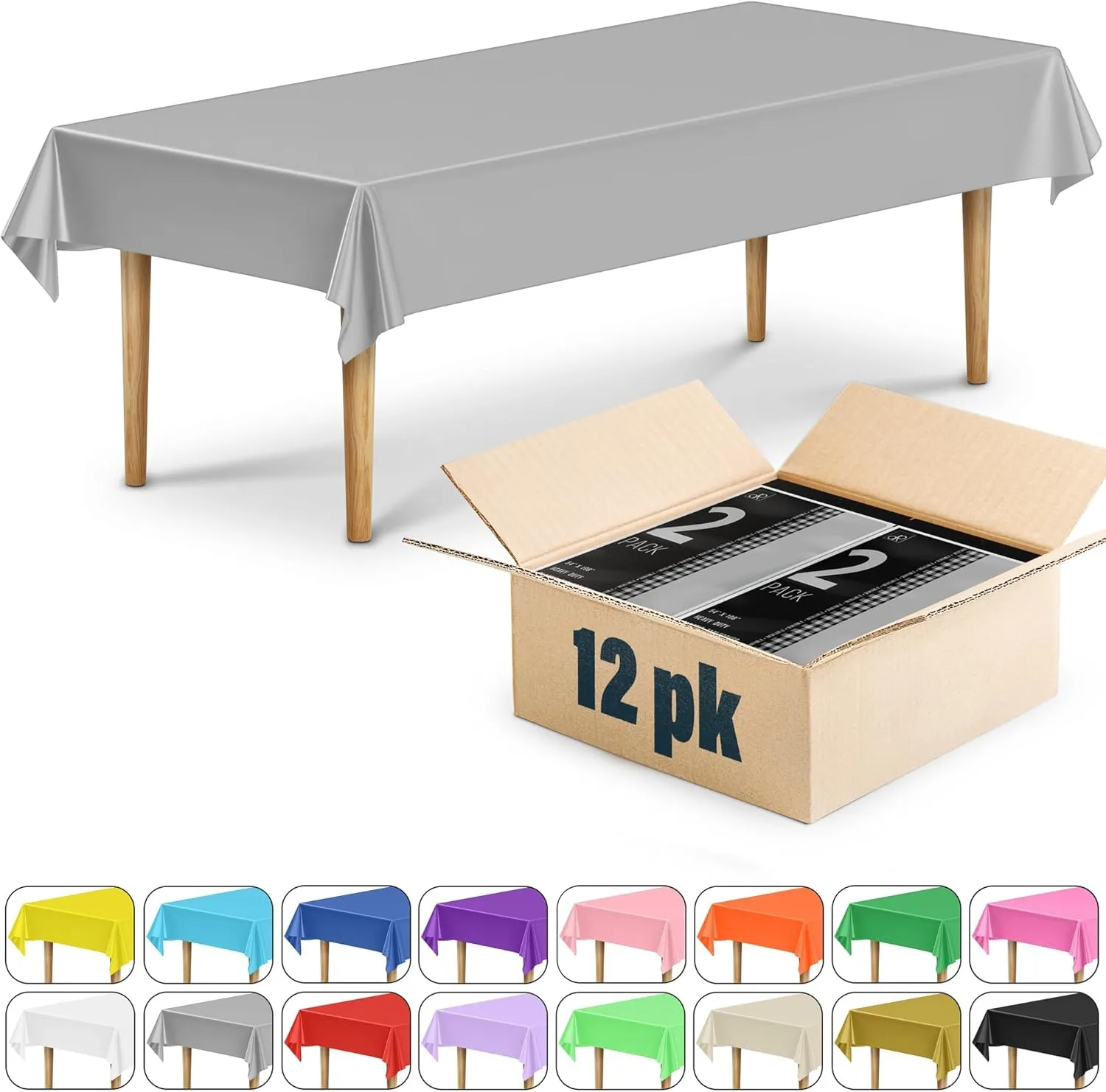 DecorRack 12 Rectangular Tablecloths BPA-Free Plastic, 54 x 108 inch, Dining Table Cloth, Rectangle Table Cover for Parties, Picnic, Camping and Outdoor, Disposable or Reusable, Silver (12 Pack)