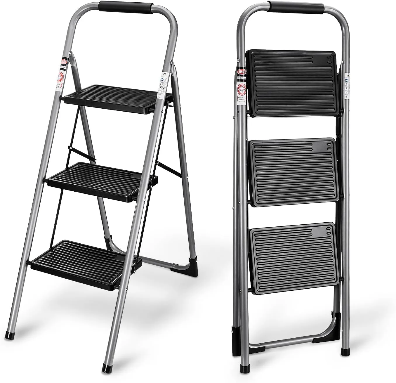 Delxo 3 Step Ladder, 3 Step Stools for Adults,Step Ladder Folding Step Stool with Cushioned Handle,Heavy-Duty Sturdy Safety Three Step Ladder with Wide Anti-Slip Pedal Ergonomic Design,Dark Grey