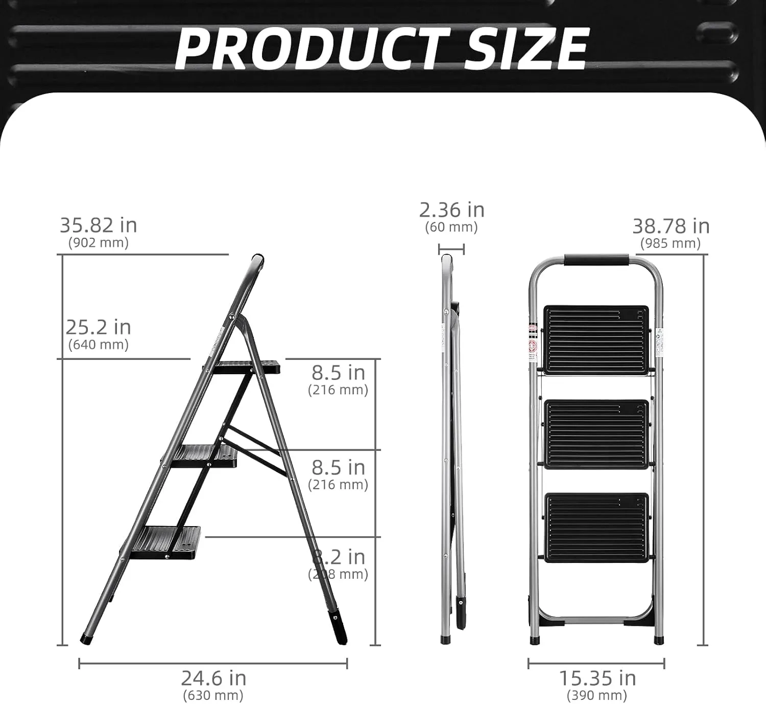 Delxo 3 Step Ladder, 3 Step Stools for Adults,Step Ladder Folding Step Stool with Cushioned Handle,Heavy-Duty Sturdy Safety Three Step Ladder with Wide Anti-Slip Pedal Ergonomic Design,Dark Grey