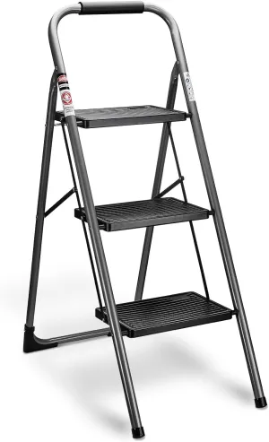 Delxo 3 Step Ladder, 3 Step Stools for Adults,Step Ladder Folding Step Stool with Cushioned Handle,Heavy-Duty Sturdy Safety Three Step Ladder with Wide Anti-Slip Pedal Ergonomic Design,Dark Grey