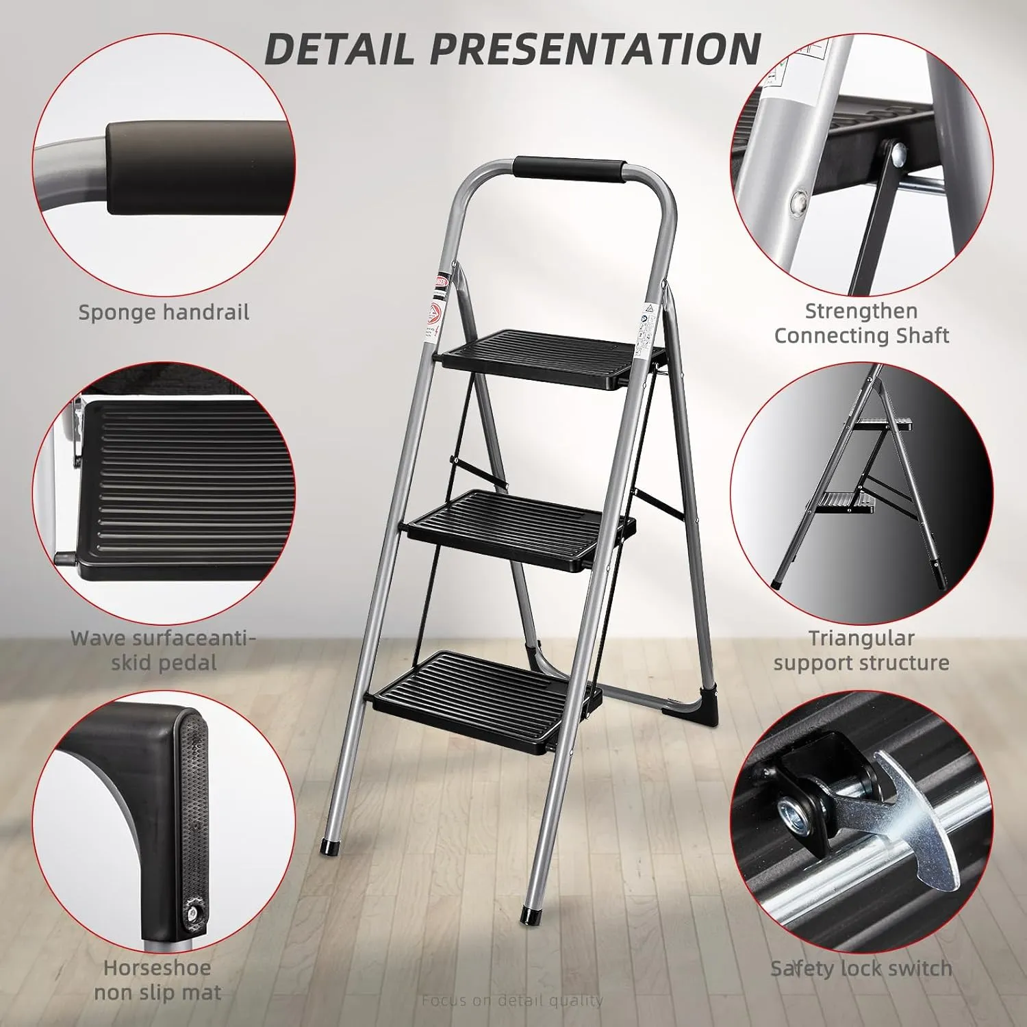 Delxo 3 Step Ladder, 3 Step Stools for Adults,Step Ladder Folding Step Stool with Cushioned Handle,Heavy-Duty Sturdy Safety Three Step Ladder with Wide Anti-Slip Pedal Ergonomic Design,Dark Grey