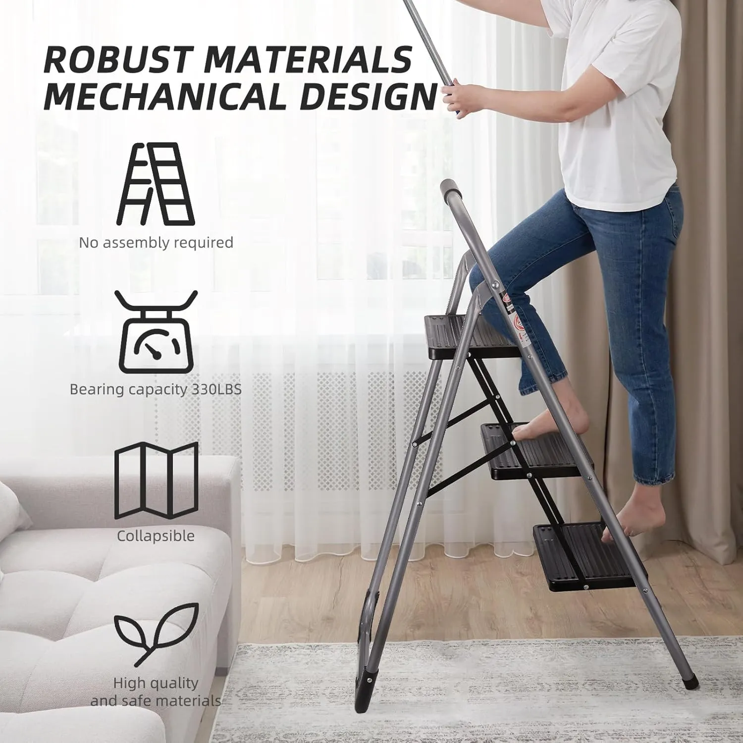 Delxo 3 Step Ladder, 3 Step Stools for Adults,Step Ladder Folding Step Stool with Cushioned Handle,Heavy-Duty Sturdy Safety Three Step Ladder with Wide Anti-Slip Pedal Ergonomic Design,Dark Grey