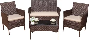 Devoko 4 Pieces Outdoor Patio Furniture Set, PE Rattan Wicker Chairs Balcony Lawn Porch Patio Furniture Sets with Beige Cushion and Table (Brown)