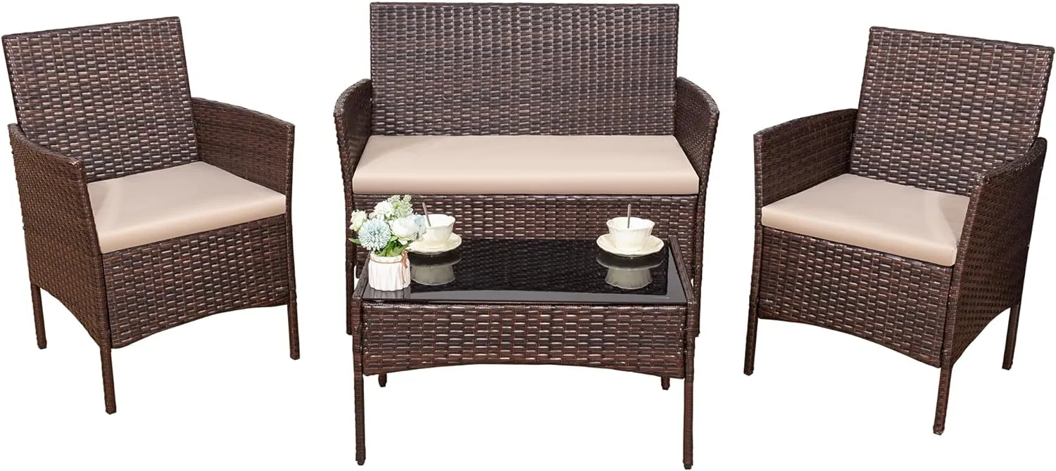 Devoko 4 Pieces Outdoor Patio Furniture Set, PE Rattan Wicker Chairs Balcony Lawn Porch Patio Furniture Sets with Beige Cushion and Table (Brown)