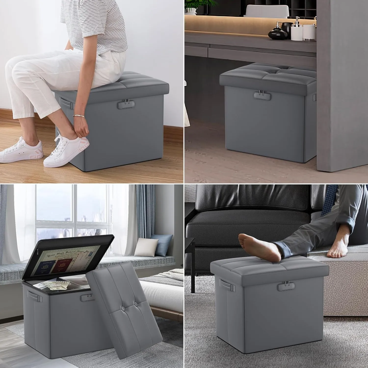 DocSafe Storage Ottoman with Lock,Fireproof Folding Ottoman Foot Rest Stool Storage Chest with Storage Safe for Important Documents,Waterproof 17 Inches Short Ottoman Foot Stool with Handles,Grey