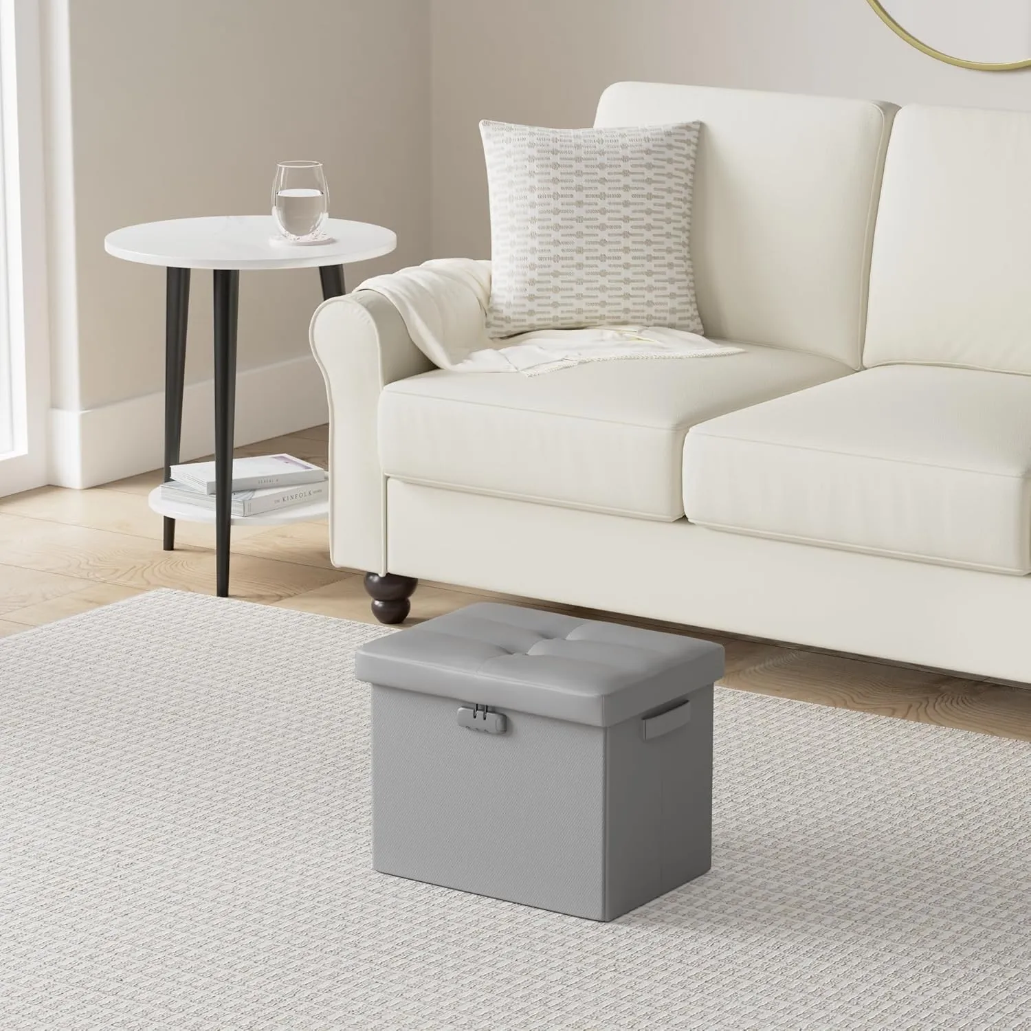 DocSafe Storage Ottoman with Lock,Fireproof Folding Ottoman Foot Rest Stool Storage Chest with Storage Safe for Important Documents,Waterproof 17 Inches Short Ottoman Foot Stool with Handles,Grey