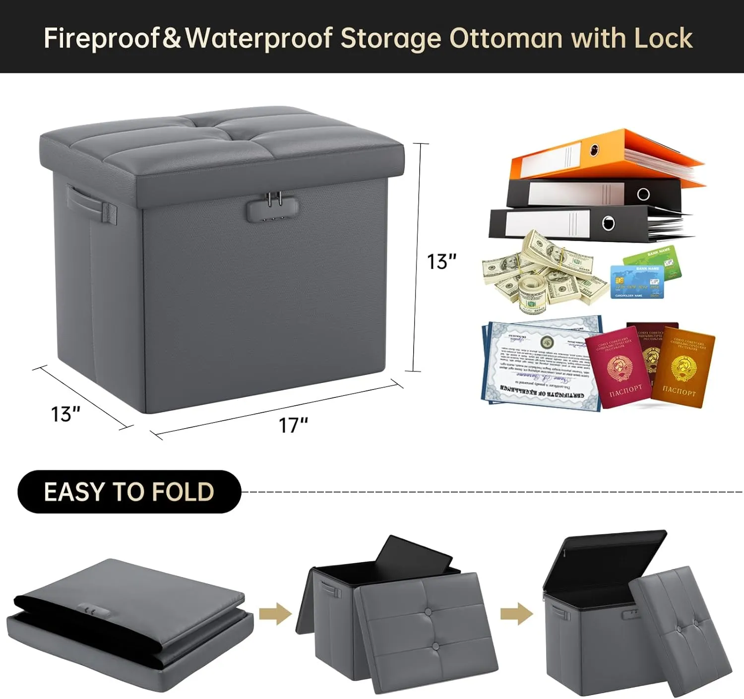 DocSafe Storage Ottoman with Lock,Fireproof Folding Ottoman Foot Rest Stool Storage Chest with Storage Safe for Important Documents,Waterproof 17 Inches Short Ottoman Foot Stool with Handles,Grey