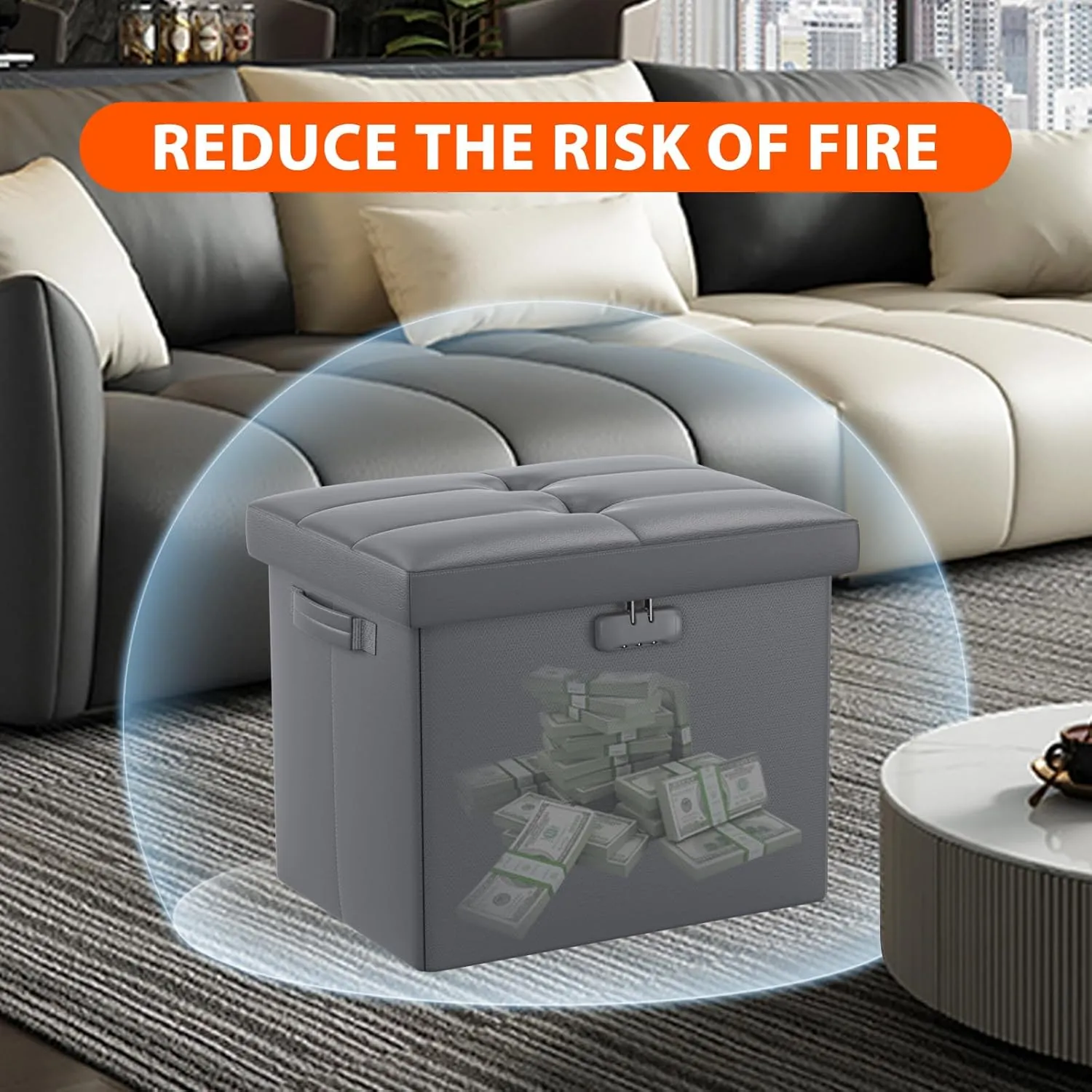 DocSafe Storage Ottoman with Lock,Fireproof Folding Ottoman Foot Rest Stool Storage Chest with Storage Safe for Important Documents,Waterproof 17 Inches Short Ottoman Foot Stool with Handles,Grey