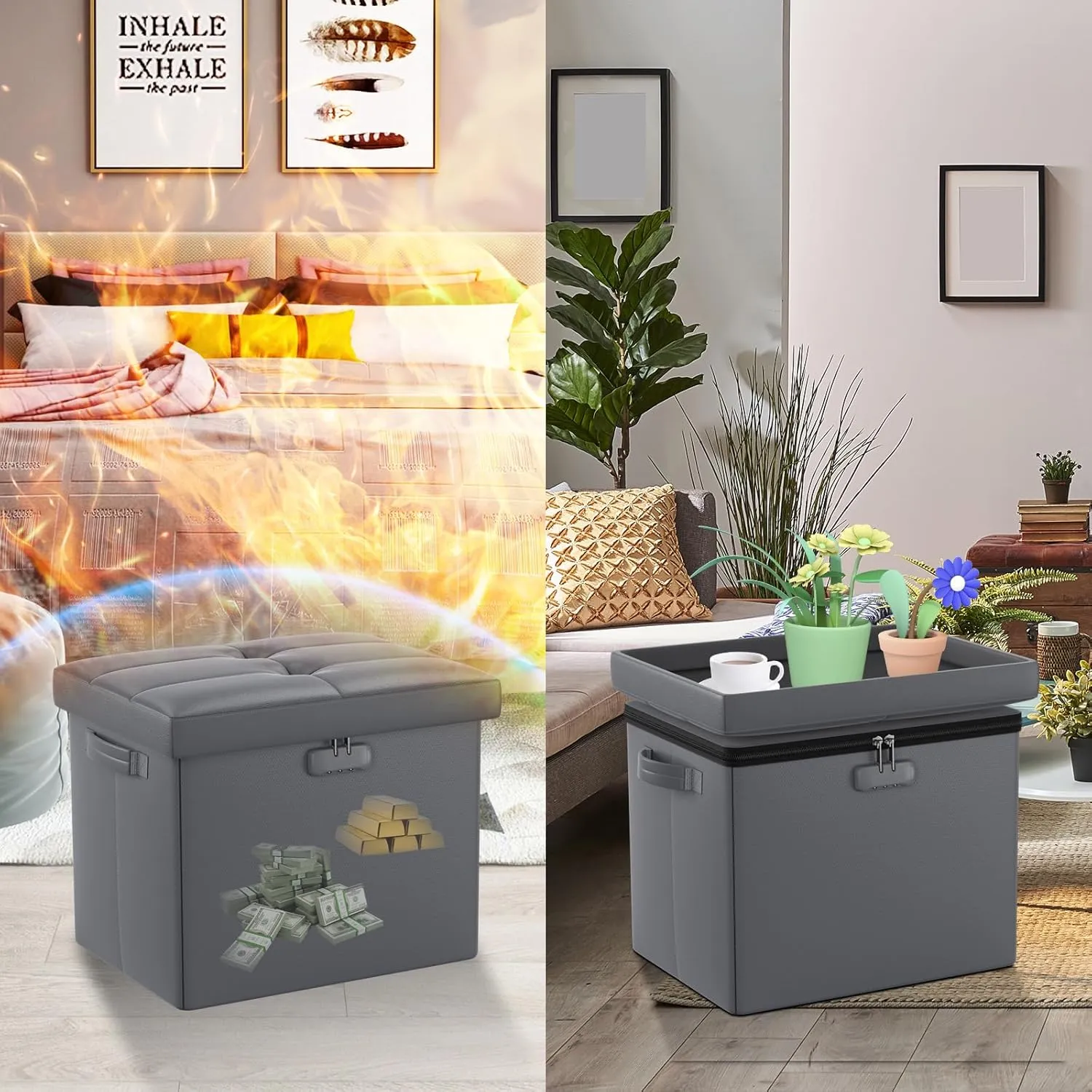DocSafe Storage Ottoman with Lock,Fireproof Folding Ottoman Foot Rest Stool Storage Chest with Storage Safe for Important Documents,Waterproof 17 Inches Short Ottoman Foot Stool with Handles,Grey
