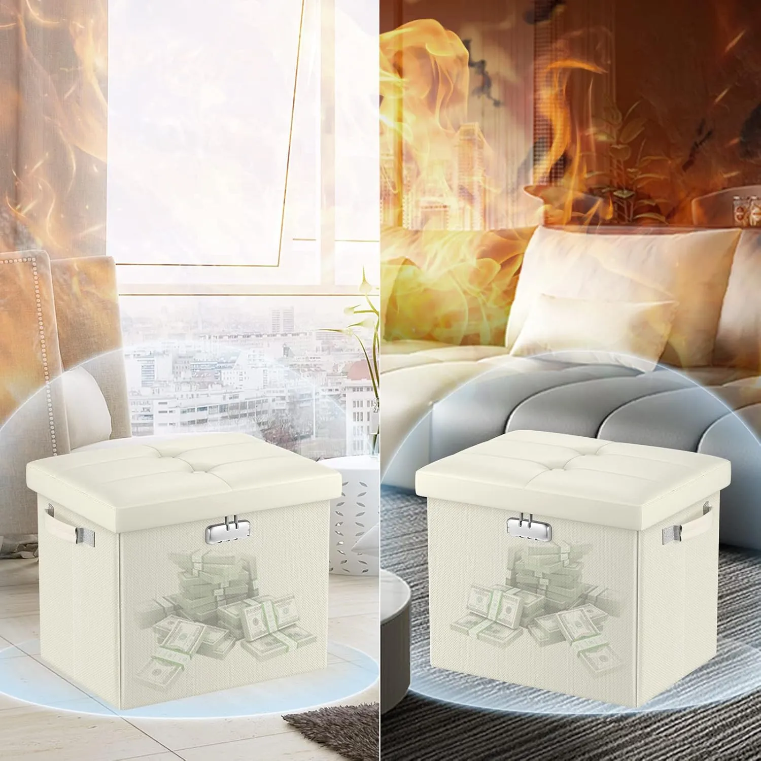 DocSafe Storage Ottoman with Lock,Fireproof＆Waterproof 17 Inches Folding Storage Box with Handles Safe for Important Documents,Leather Storage Ottoman Storage Chest for Living Room,Bedroom,Beige