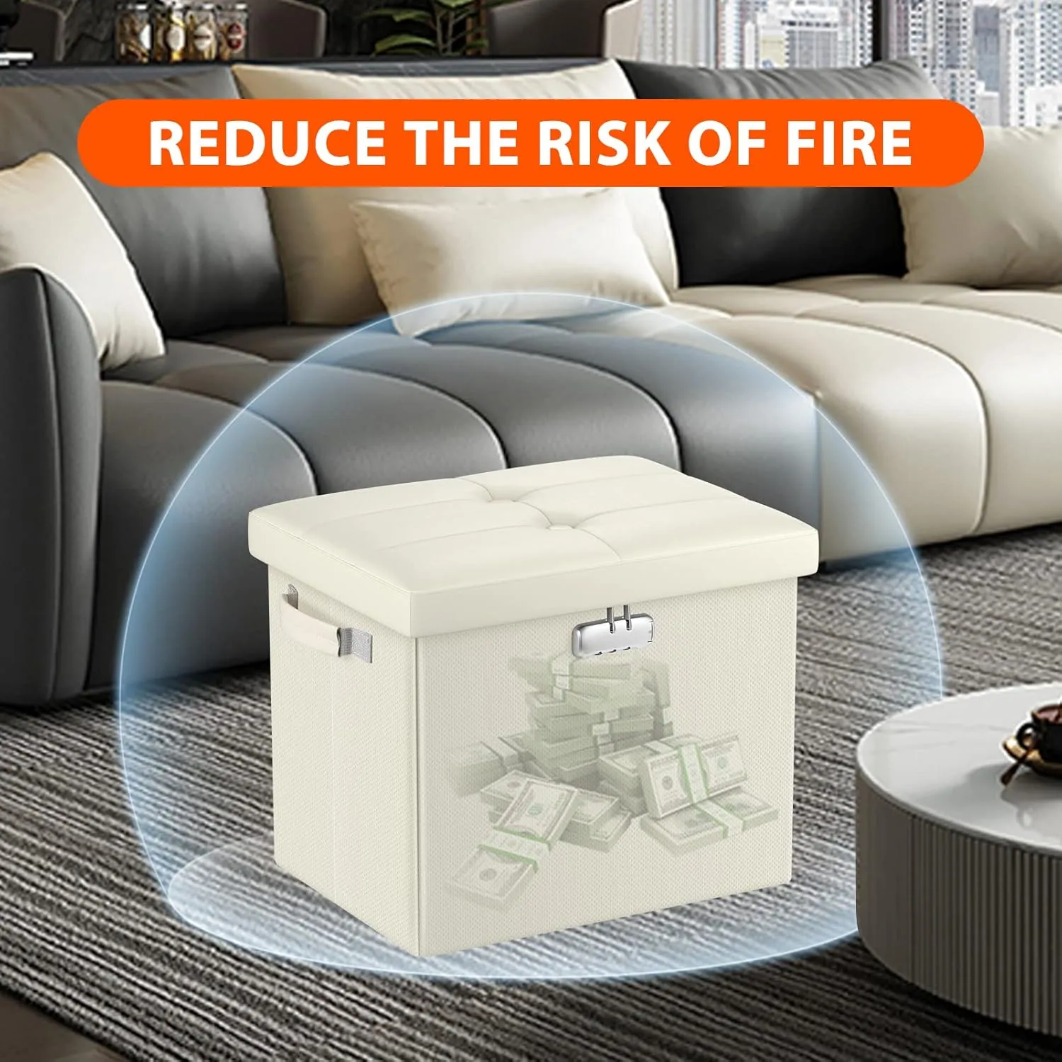 DocSafe Storage Ottoman with Lock,Fireproof＆Waterproof 17 Inches Folding Storage Box with Handles Safe for Important Documents,Leather Storage Ottoman Storage Chest for Living Room,Bedroom,Beige