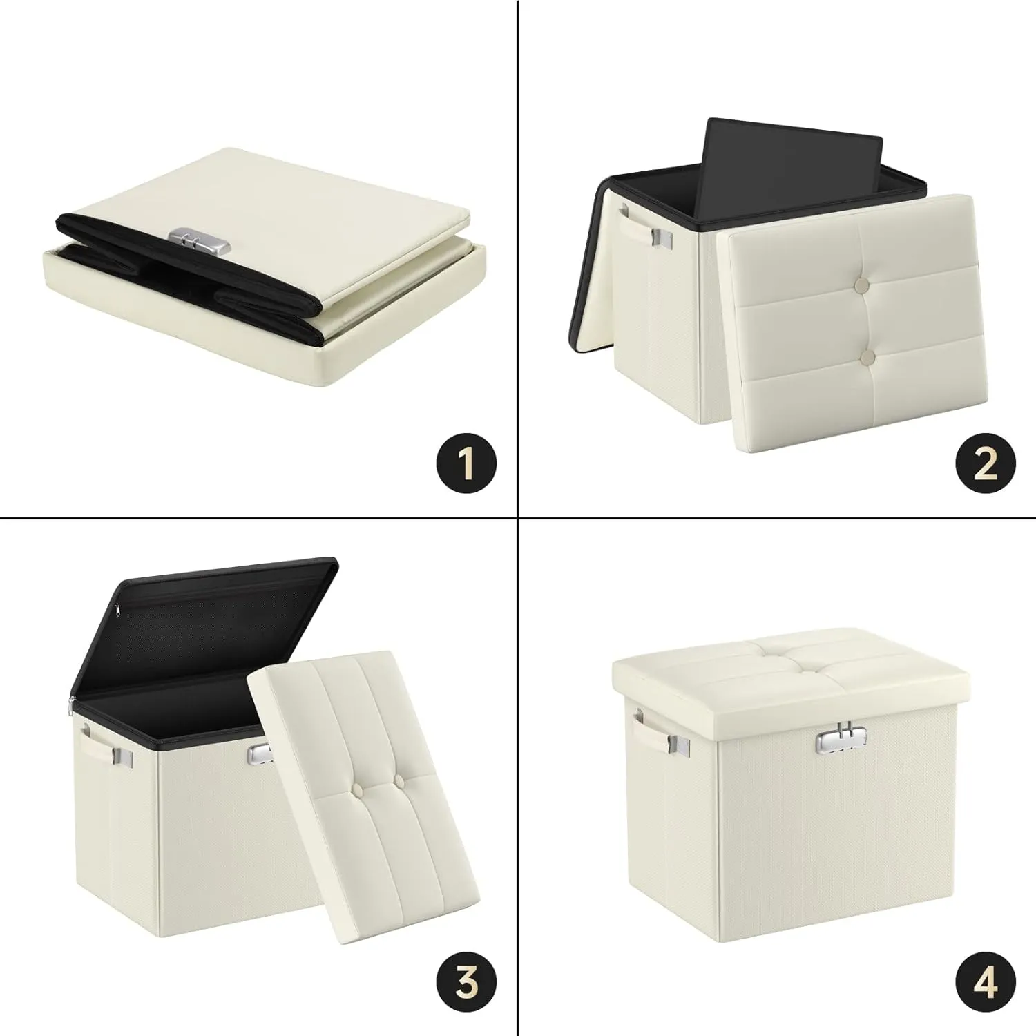 DocSafe Storage Ottoman with Lock,Fireproof＆Waterproof 17 Inches Folding Storage Box with Handles Safe for Important Documents,Leather Storage Ottoman Storage Chest for Living Room,Bedroom,Beige