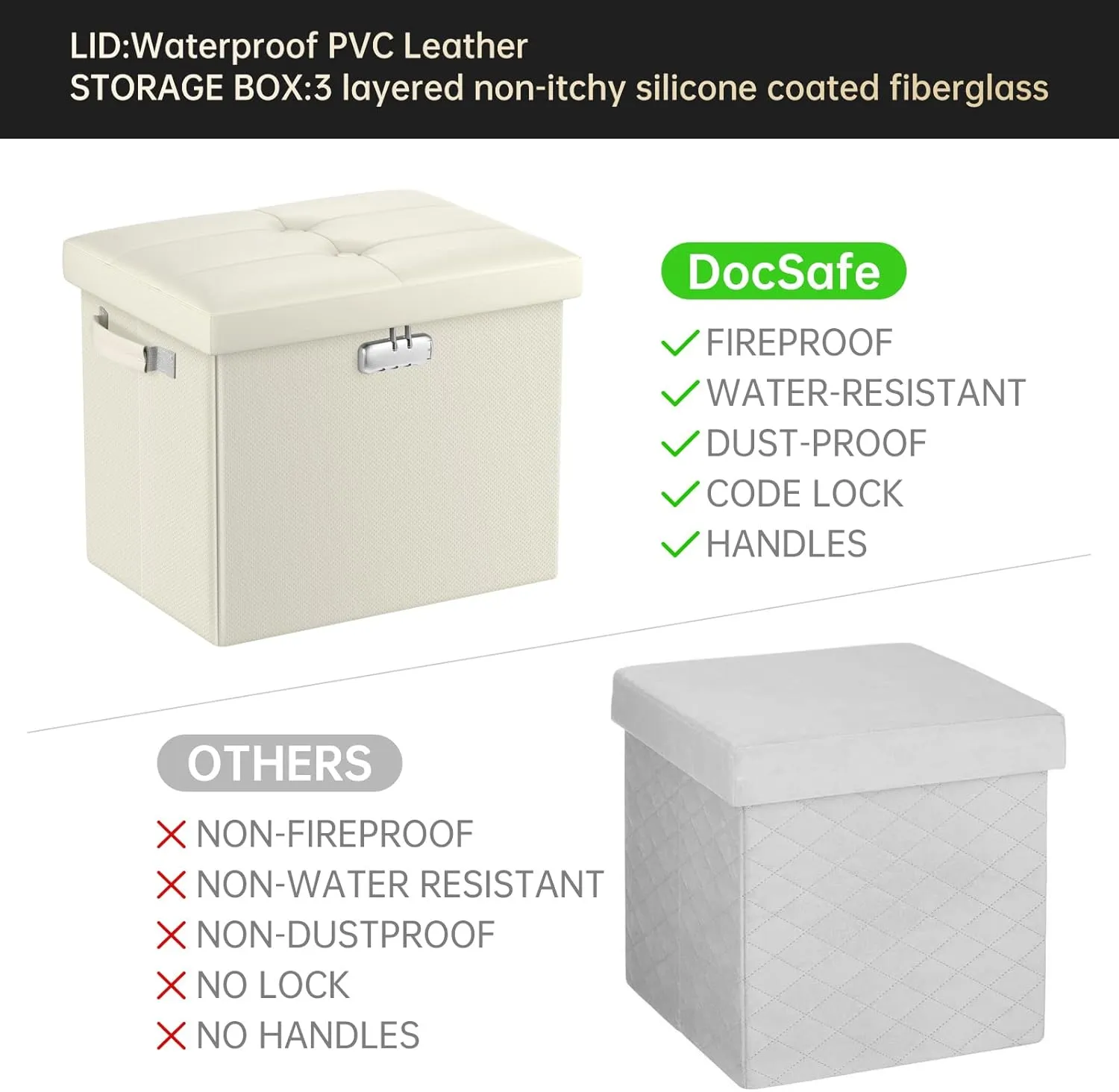 DocSafe Storage Ottoman with Lock,Fireproof＆Waterproof 17 Inches Folding Storage Box with Handles Safe for Important Documents,Leather Storage Ottoman Storage Chest for Living Room,Bedroom,Beige