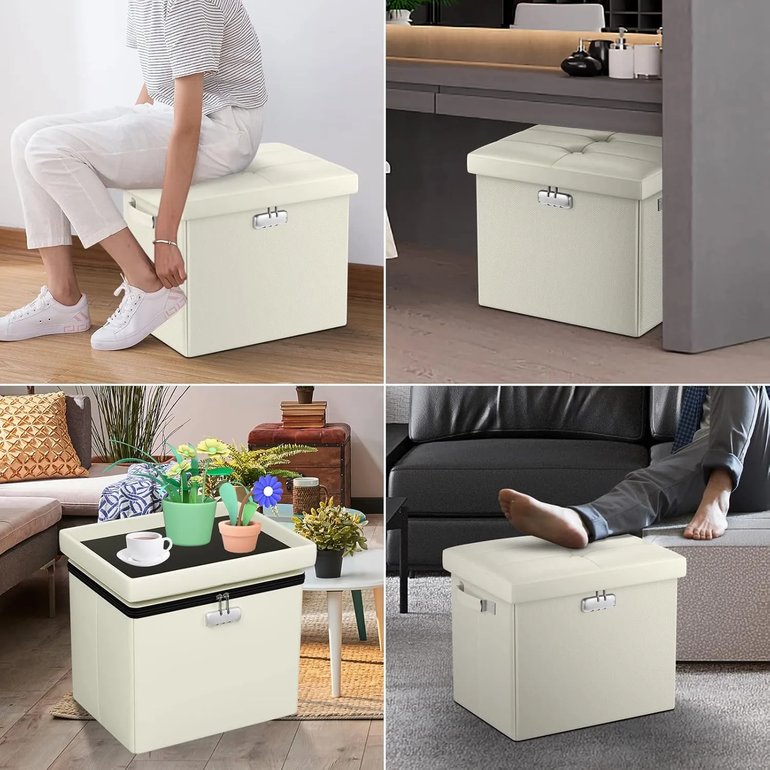 DocSafe Storage Ottoman with Lock,Fireproof＆Waterproof 17 Inches Folding Storage Box with Handles Safe for Important Documents,Leather Storage Ottoman Storage Chest for Living Room,Bedroom,Beige