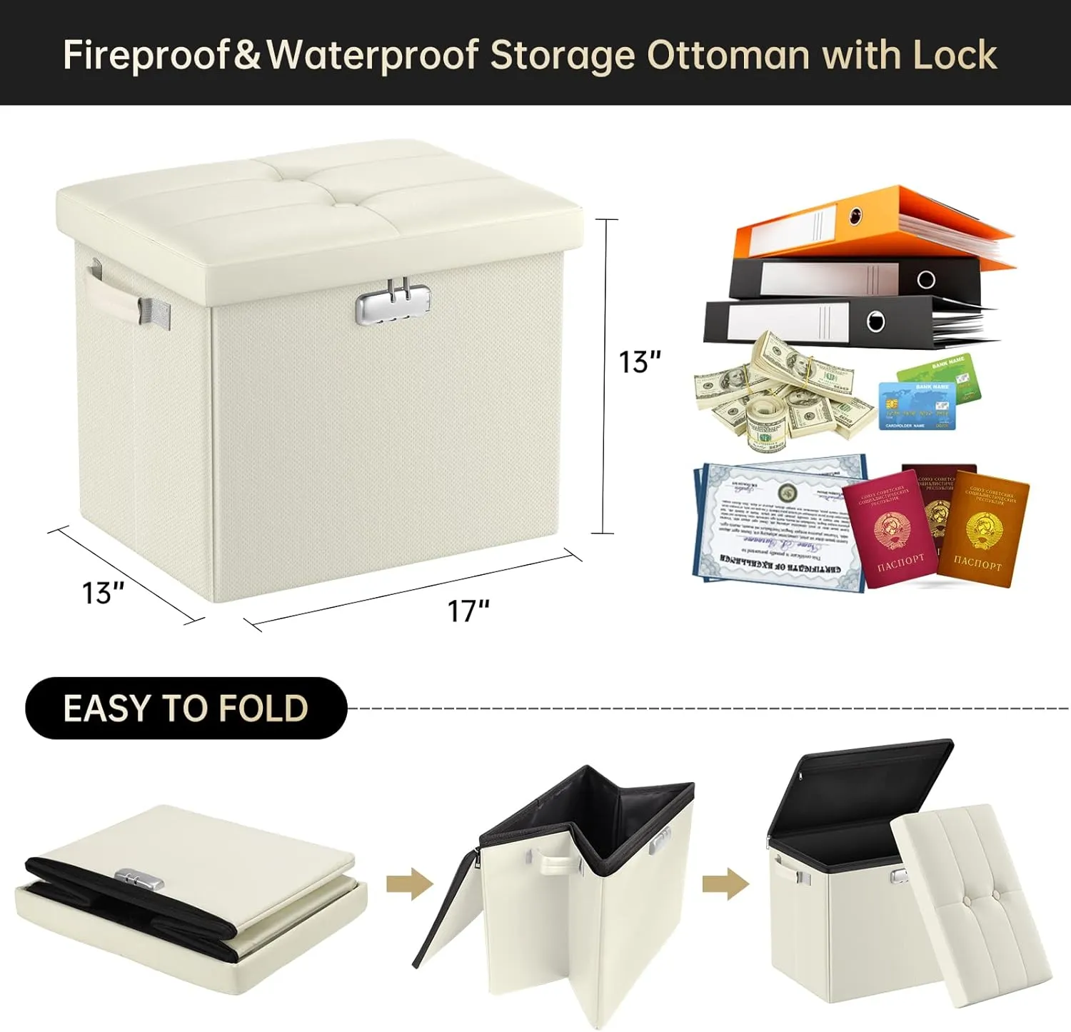 DocSafe Storage Ottoman with Lock,Fireproof＆Waterproof 17 Inches Folding Storage Box with Handles Safe for Important Documents,Leather Storage Ottoman Storage Chest for Living Room,Bedroom,Beige