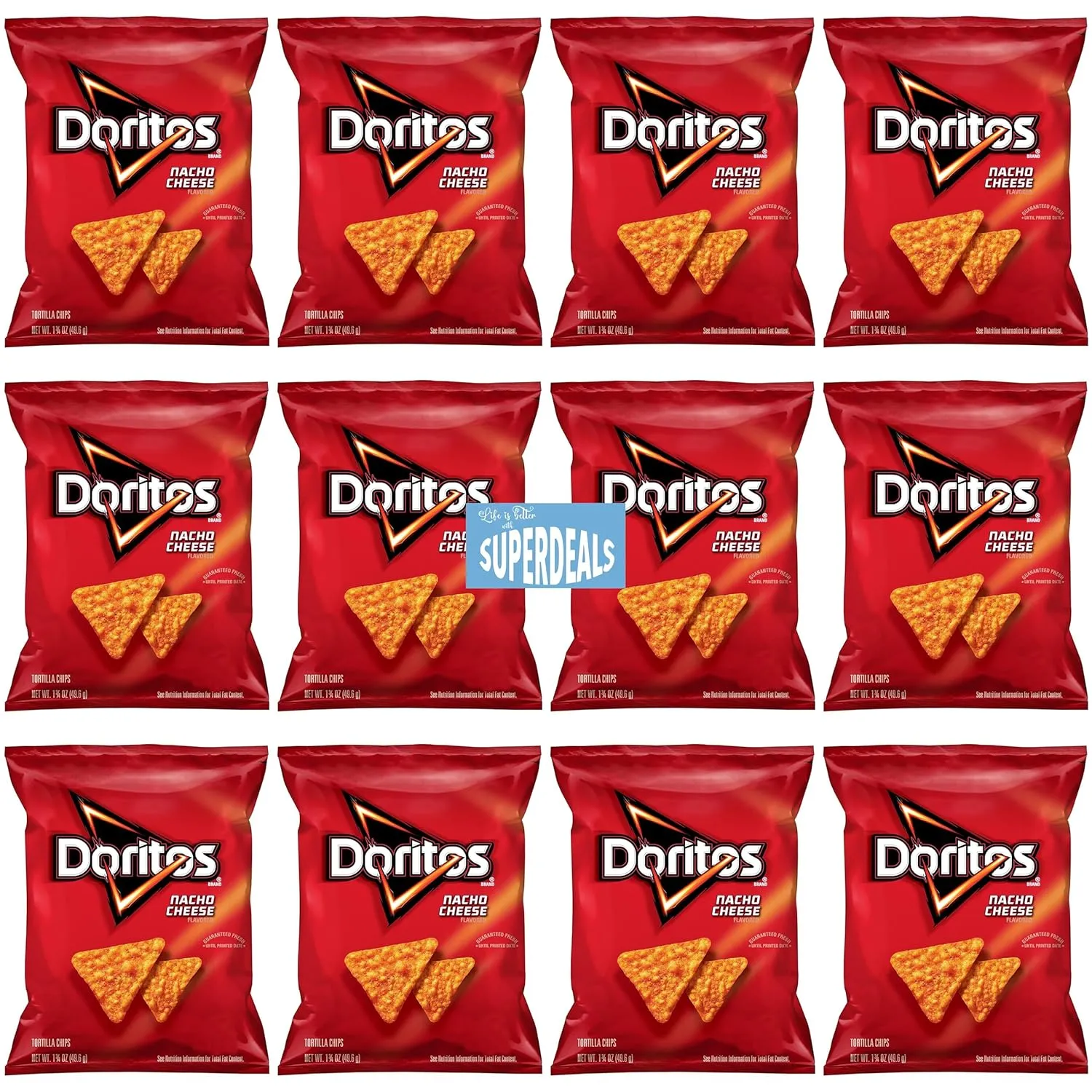 Doritos Flavored Tortilla Chips, Nacho Cheese, | Value Pack Bundled by SUPERDEALS | 1.75 Oz Bag | Nacho Cheese | Pack of 12 with mystery gift