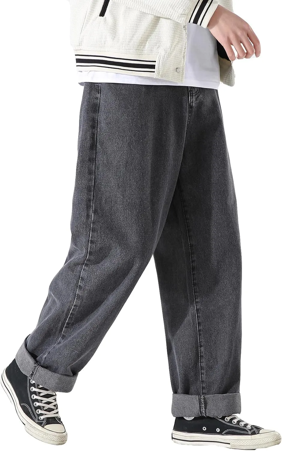 DOSLAVIDA Men's Work Jeans Casual Hip Hop Cargo Solid Color Loose Fit Straight Wide Leg Cotton Denim Pants with Zipper