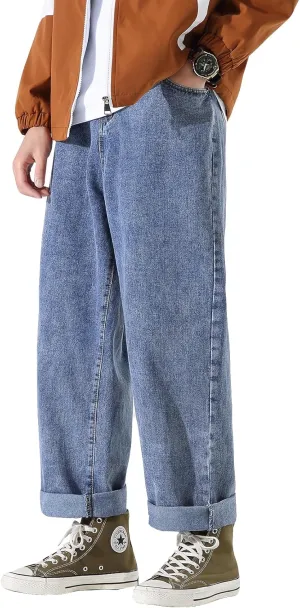 DOSLAVIDA Men's Work Jeans Casual Hip Hop Cargo Solid Color Loose Fit Straight Wide Leg Cotton Denim Pants with Zipper