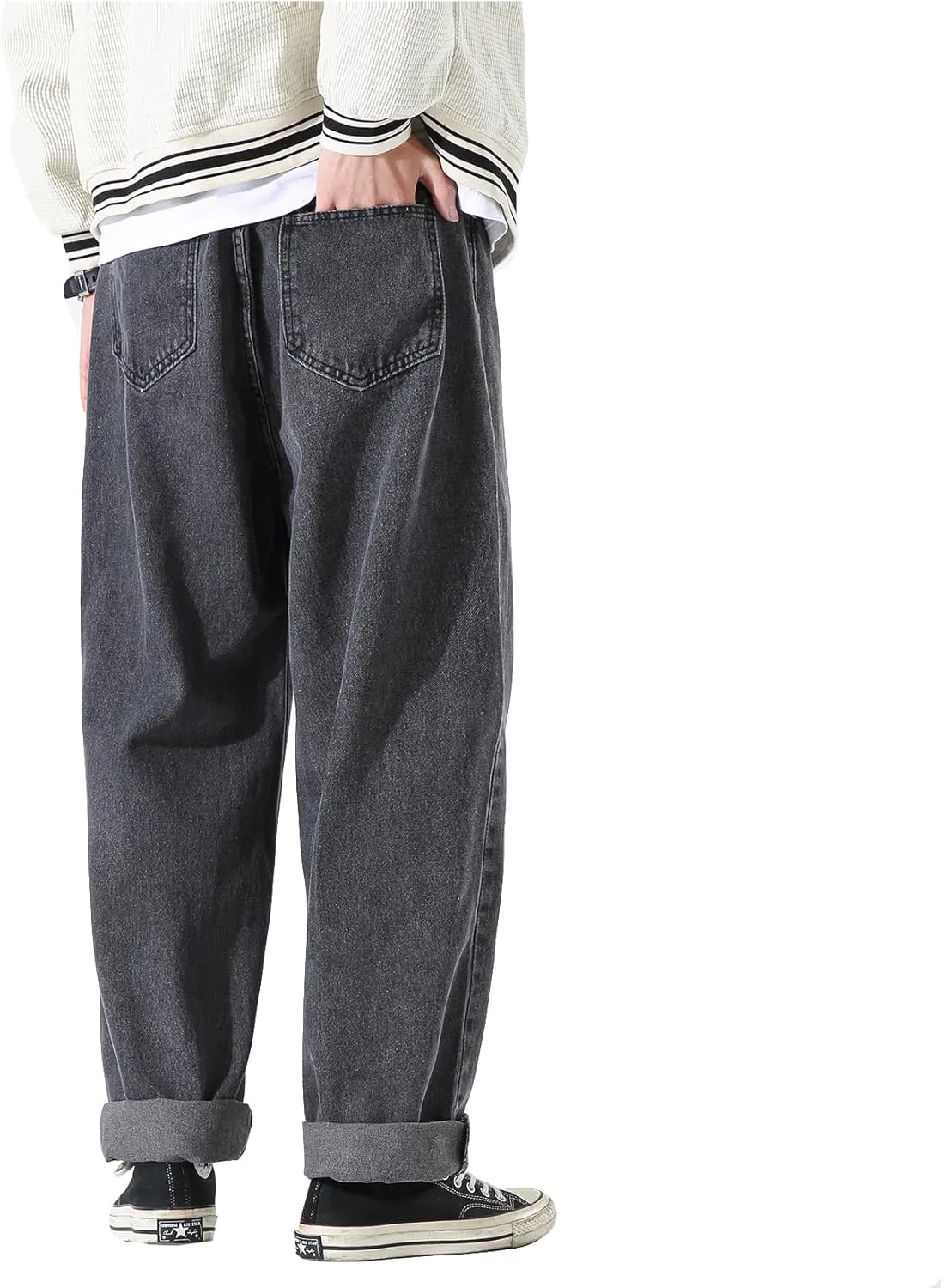 DOSLAVIDA Men's Work Jeans Casual Hip Hop Cargo Solid Color Loose Fit Straight Wide Leg Cotton Denim Pants with Zipper
