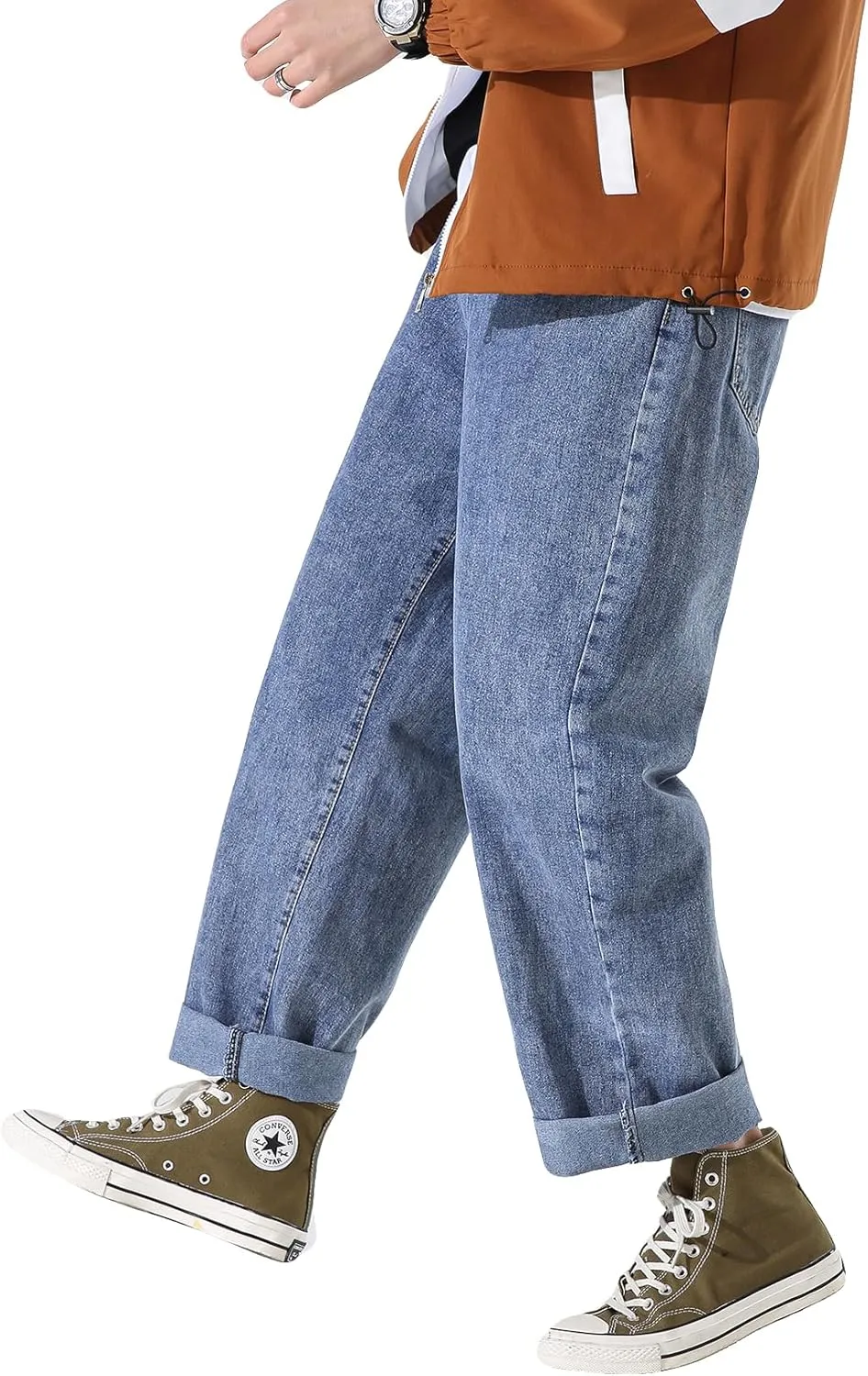 DOSLAVIDA Men's Work Jeans Casual Hip Hop Cargo Solid Color Loose Fit Straight Wide Leg Cotton Denim Pants with Zipper