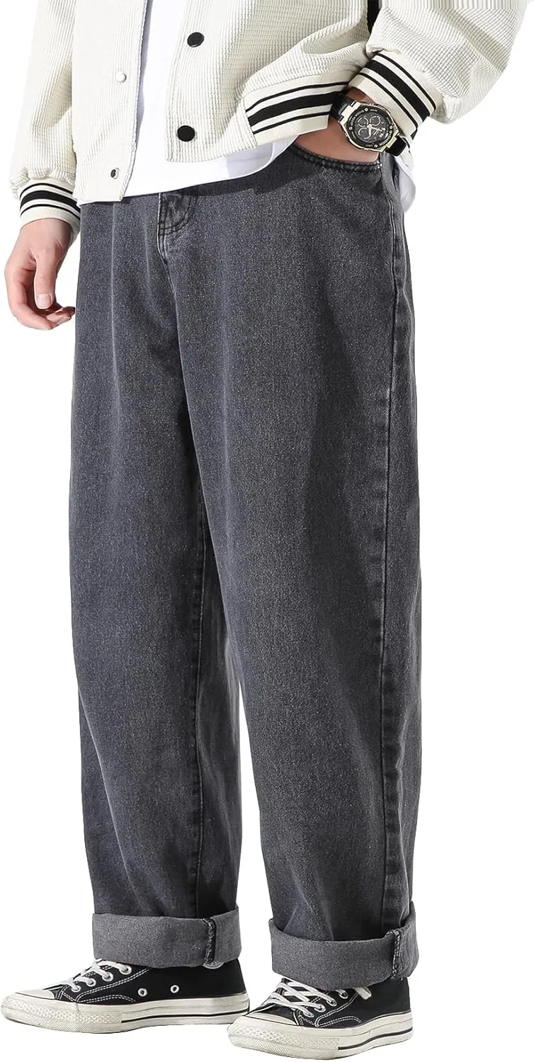 DOSLAVIDA Men's Work Jeans Casual Hip Hop Cargo Solid Color Loose Fit Straight Wide Leg Cotton Denim Pants with Zipper