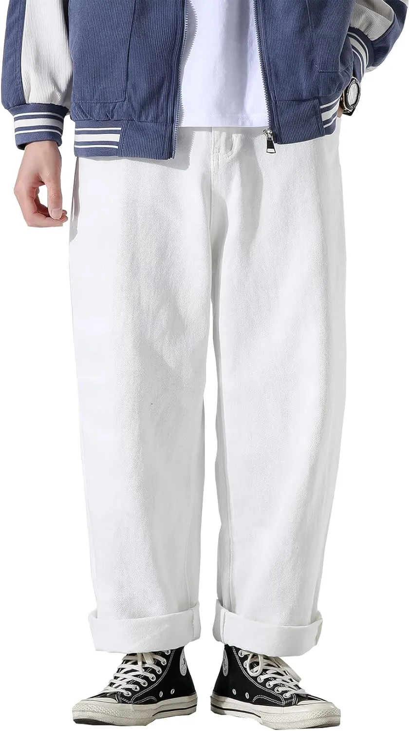DOSLAVIDA Men's Work Jeans Casual Hip Hop Cargo Solid Color Loose Fit Straight Wide Leg Cotton Denim Pants with Zipper