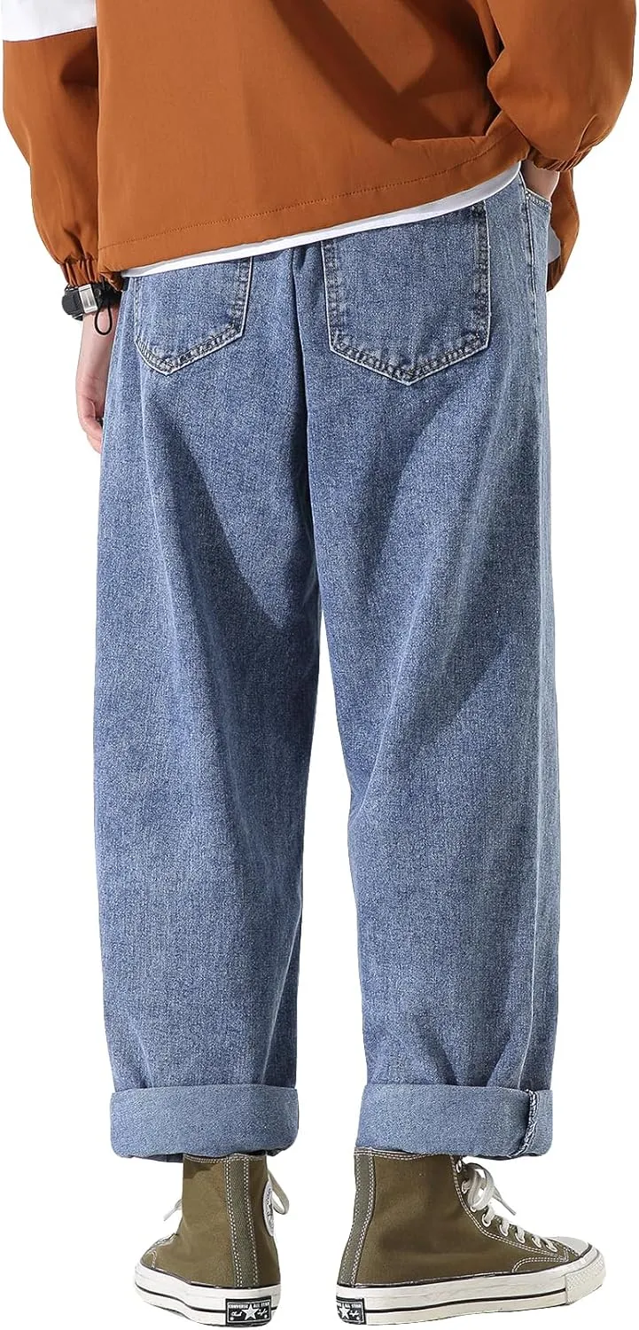 DOSLAVIDA Men's Work Jeans Casual Hip Hop Cargo Solid Color Loose Fit Straight Wide Leg Cotton Denim Pants with Zipper
