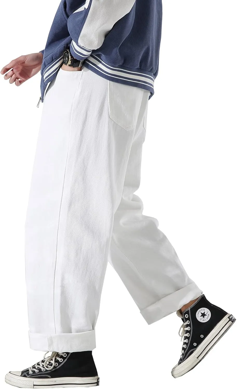 DOSLAVIDA Men's Work Jeans Casual Hip Hop Cargo Solid Color Loose Fit Straight Wide Leg Cotton Denim Pants with Zipper