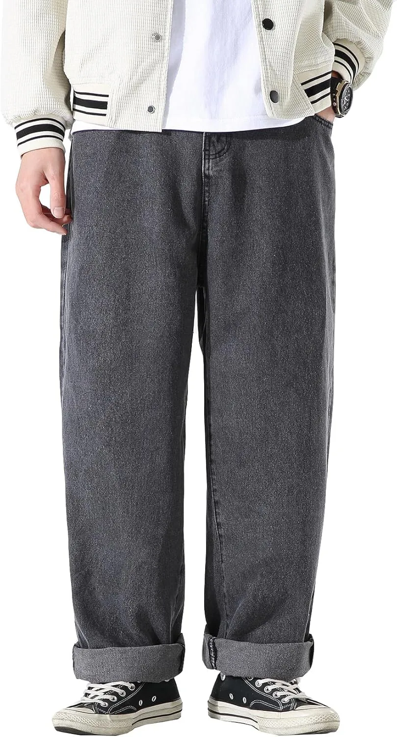 DOSLAVIDA Men's Work Jeans Casual Hip Hop Cargo Solid Color Loose Fit Straight Wide Leg Cotton Denim Pants with Zipper