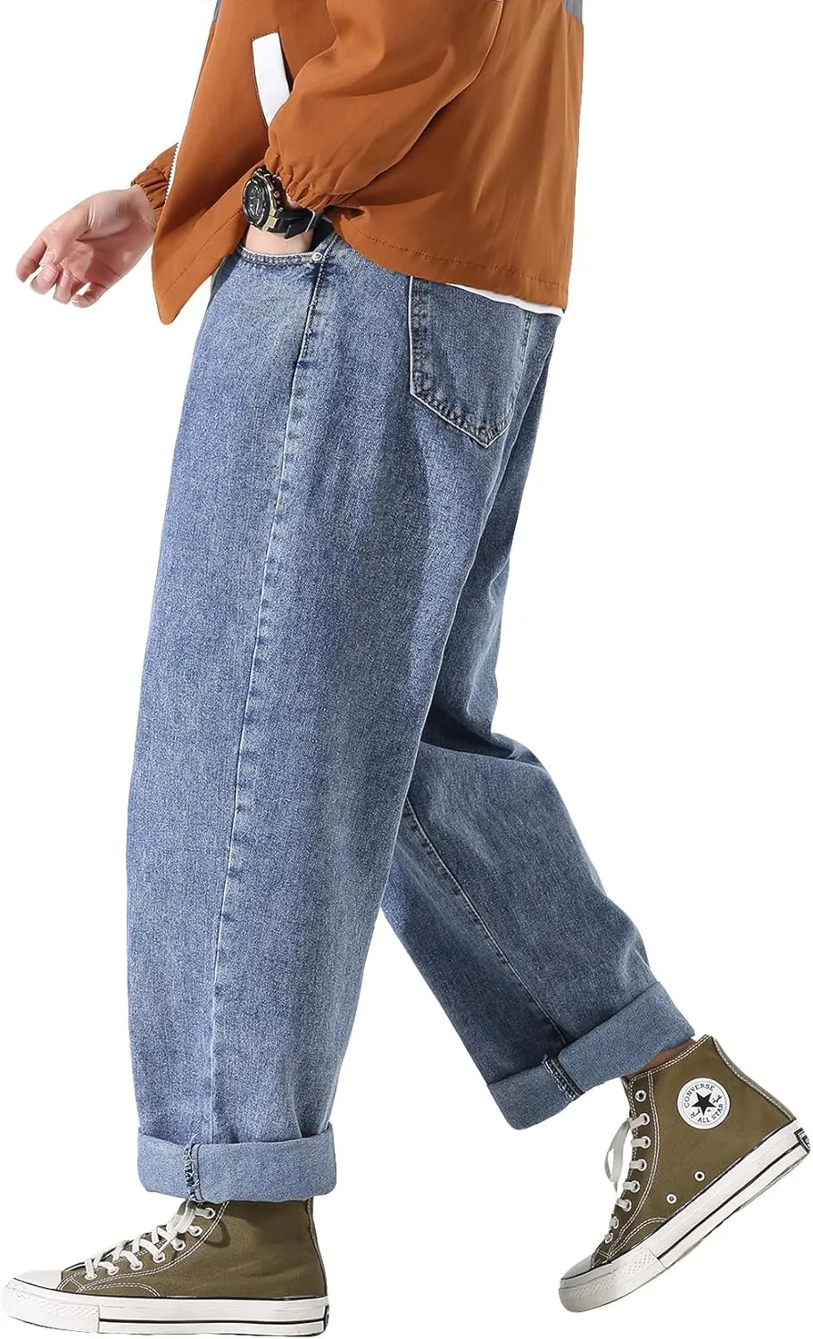 DOSLAVIDA Men's Work Jeans Casual Hip Hop Cargo Solid Color Loose Fit Straight Wide Leg Cotton Denim Pants with Zipper