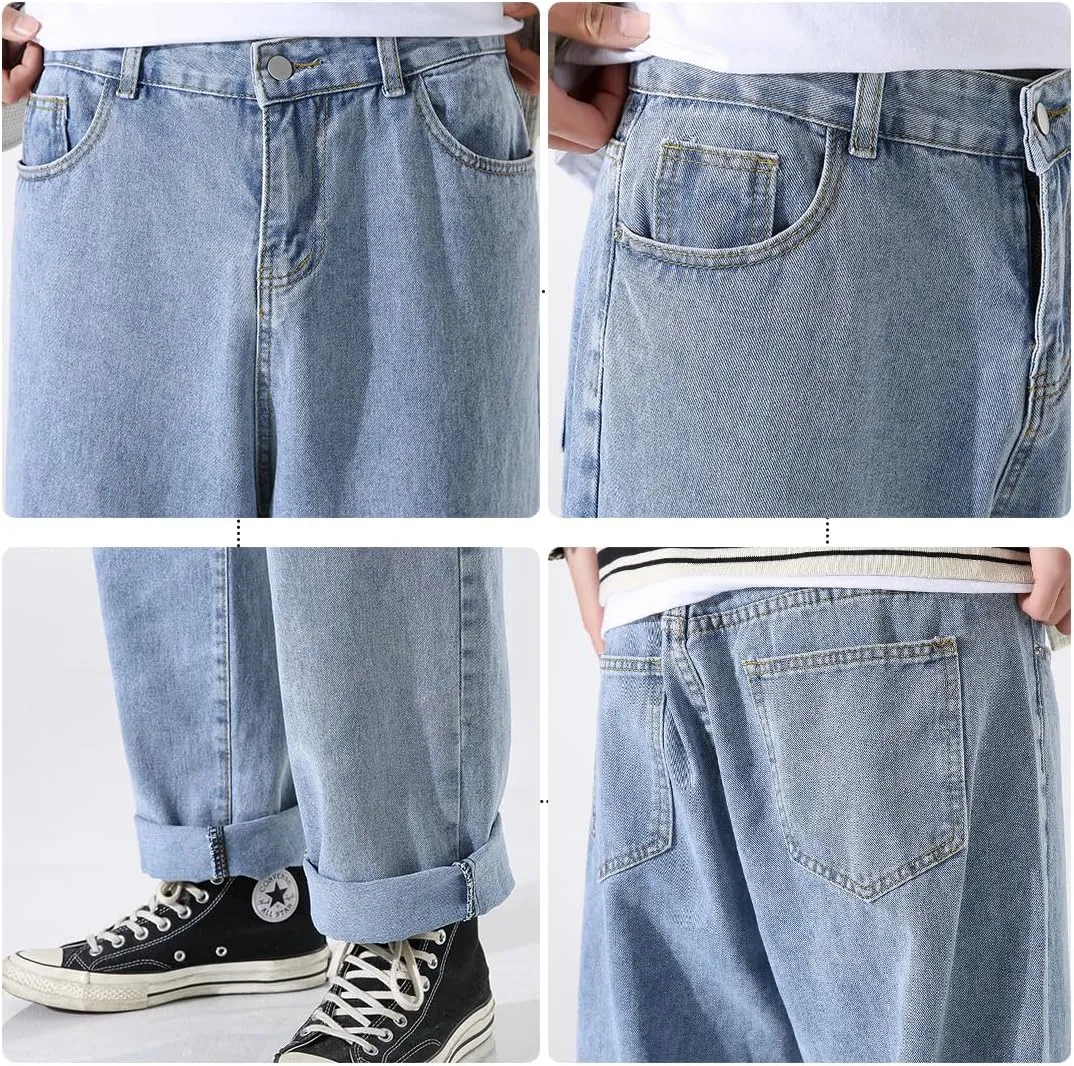 DOSLAVIDA Men's Work Jeans Casual Hip Hop Cargo Solid Color Loose Fit Straight Wide Leg Cotton Denim Pants with Zipper