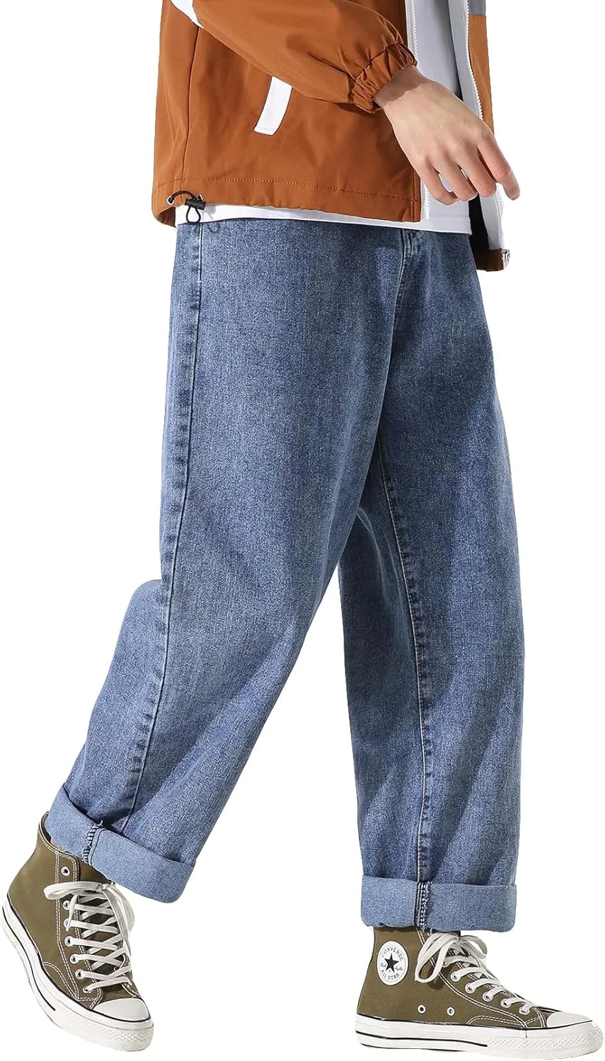 DOSLAVIDA Men's Work Jeans Casual Hip Hop Cargo Solid Color Loose Fit Straight Wide Leg Cotton Denim Pants with Zipper