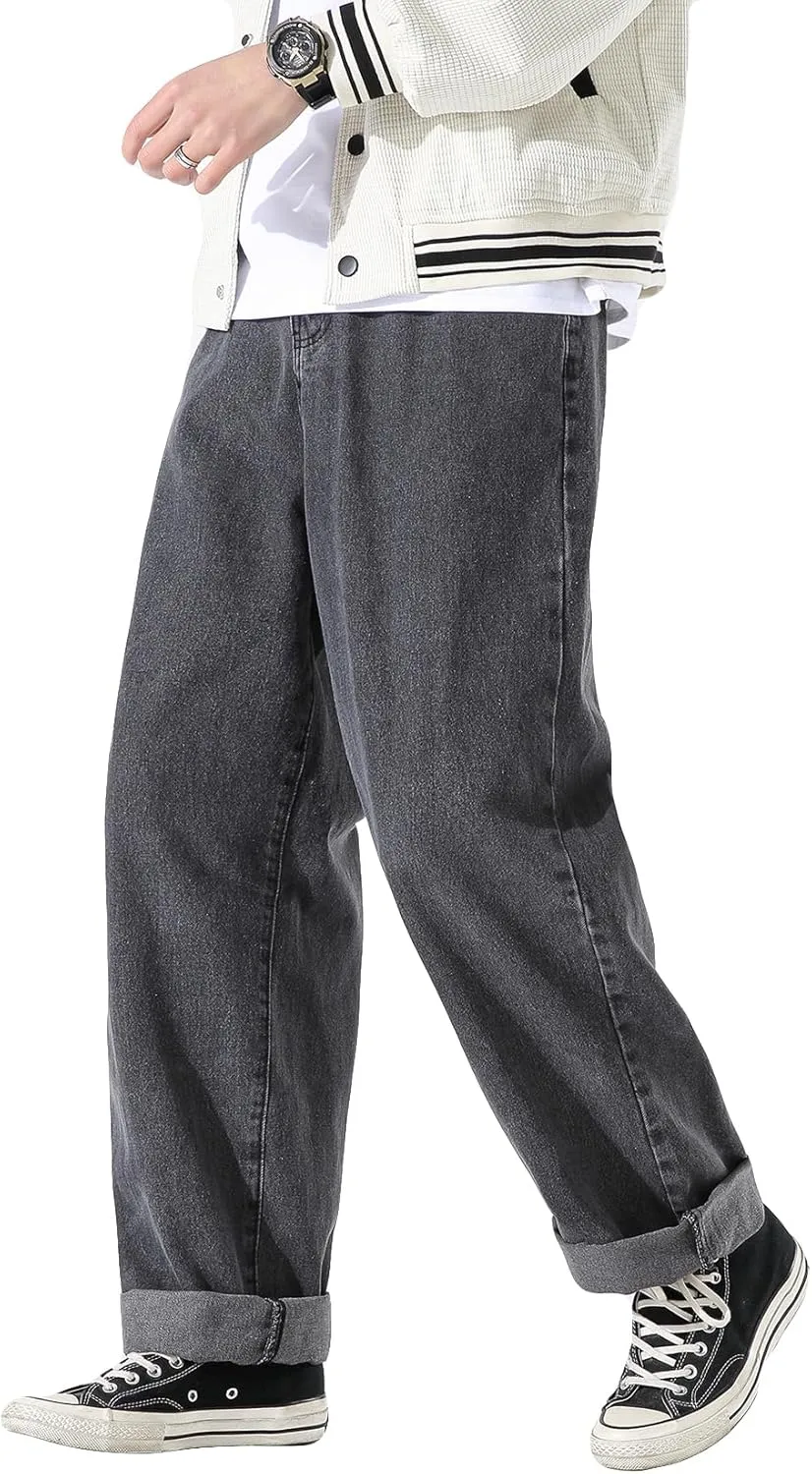 DOSLAVIDA Men's Work Jeans Casual Hip Hop Cargo Solid Color Loose Fit Straight Wide Leg Cotton Denim Pants with Zipper