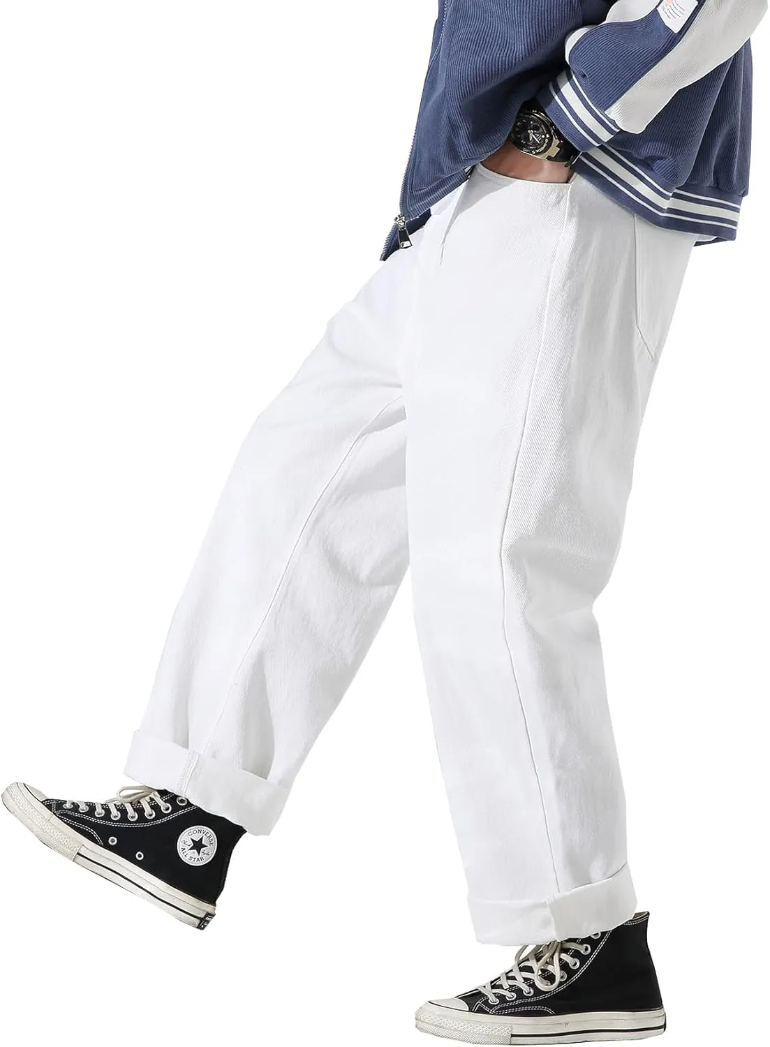 DOSLAVIDA Men's Work Jeans Casual Hip Hop Cargo Solid Color Loose Fit Straight Wide Leg Cotton Denim Pants with Zipper