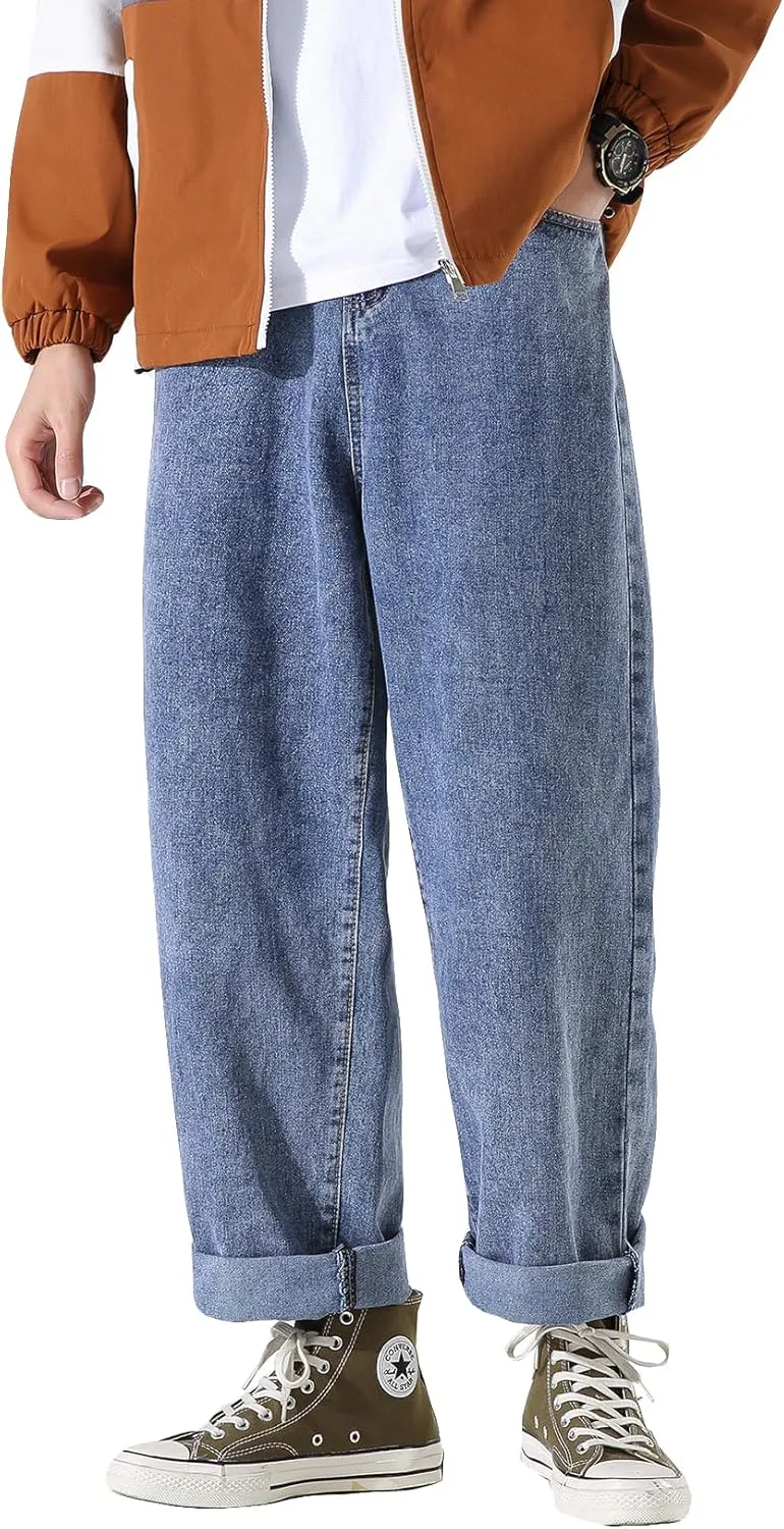DOSLAVIDA Men's Work Jeans Casual Hip Hop Cargo Solid Color Loose Fit Straight Wide Leg Cotton Denim Pants with Zipper