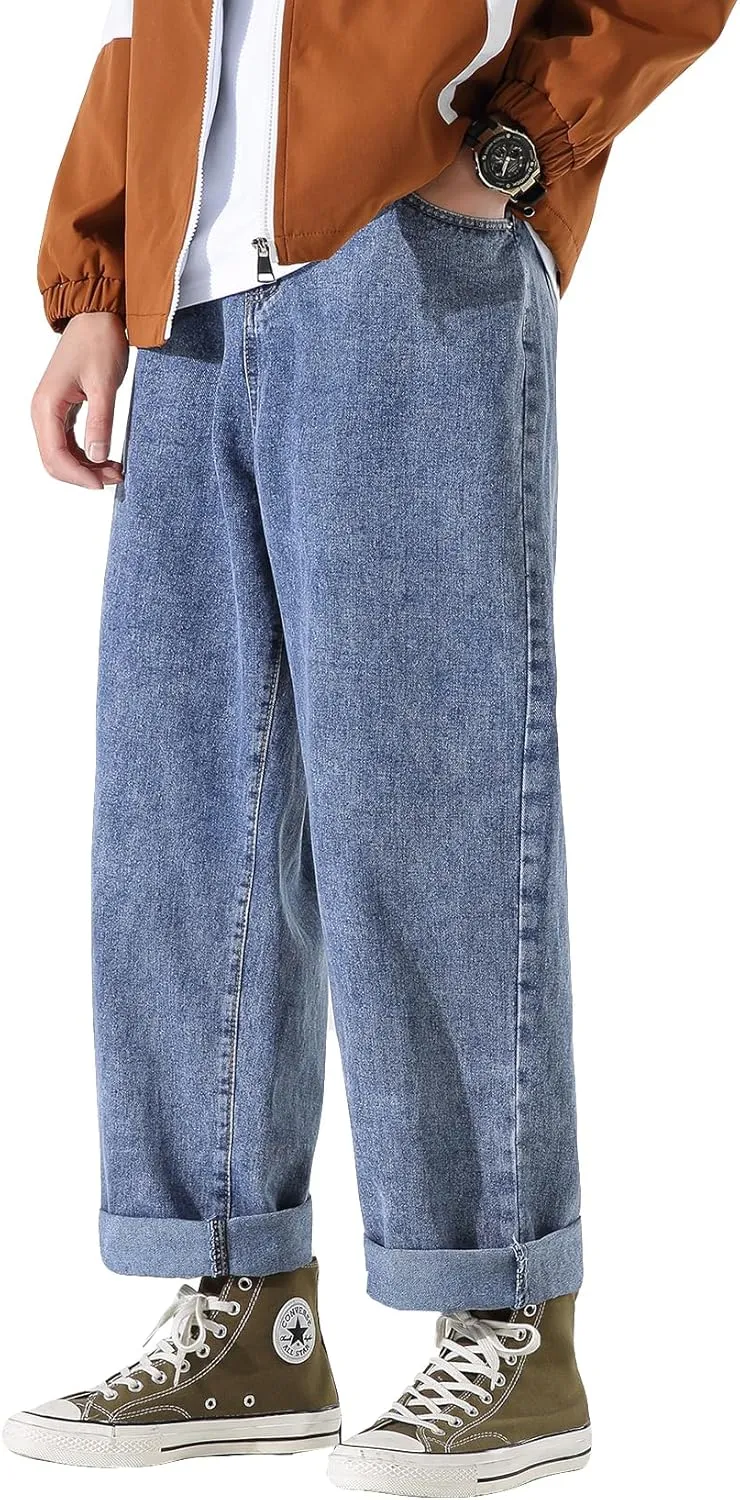 DOSLAVIDA Men's Work Jeans Casual Hip Hop Cargo Solid Color Loose Fit Straight Wide Leg Cotton Denim Pants with Zipper