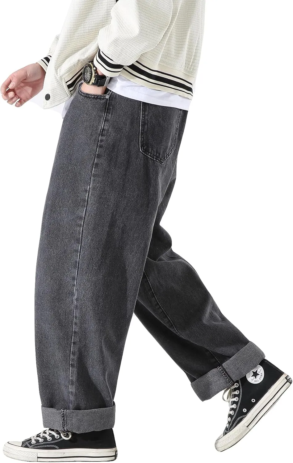 DOSLAVIDA Men's Work Jeans Casual Hip Hop Cargo Solid Color Loose Fit Straight Wide Leg Cotton Denim Pants with Zipper