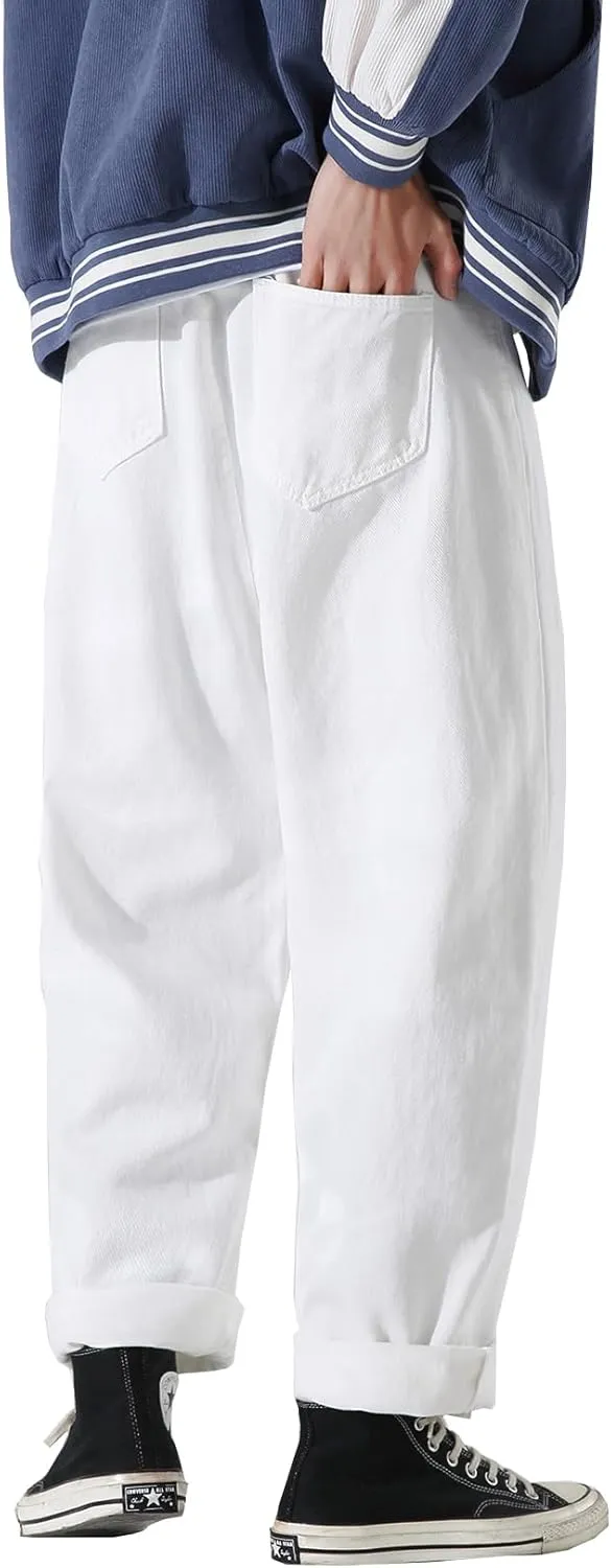 DOSLAVIDA Men's Work Jeans Casual Hip Hop Cargo Solid Color Loose Fit Straight Wide Leg Cotton Denim Pants with Zipper