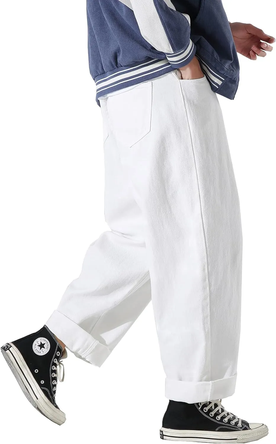 DOSLAVIDA Men's Work Jeans Casual Hip Hop Cargo Solid Color Loose Fit Straight Wide Leg Cotton Denim Pants with Zipper
