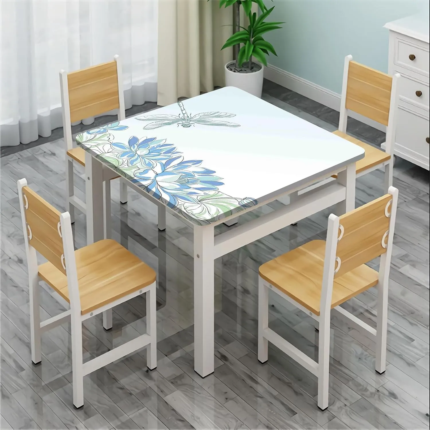 Dragonfly Table Cover Square, Waterlilies Flowers and Dragonflies Simplistic Elastic Table Cover Square, Fits 36x36 inch Table, for Restaurants Picnic Patio Outdoor Party Decor, Blue Green