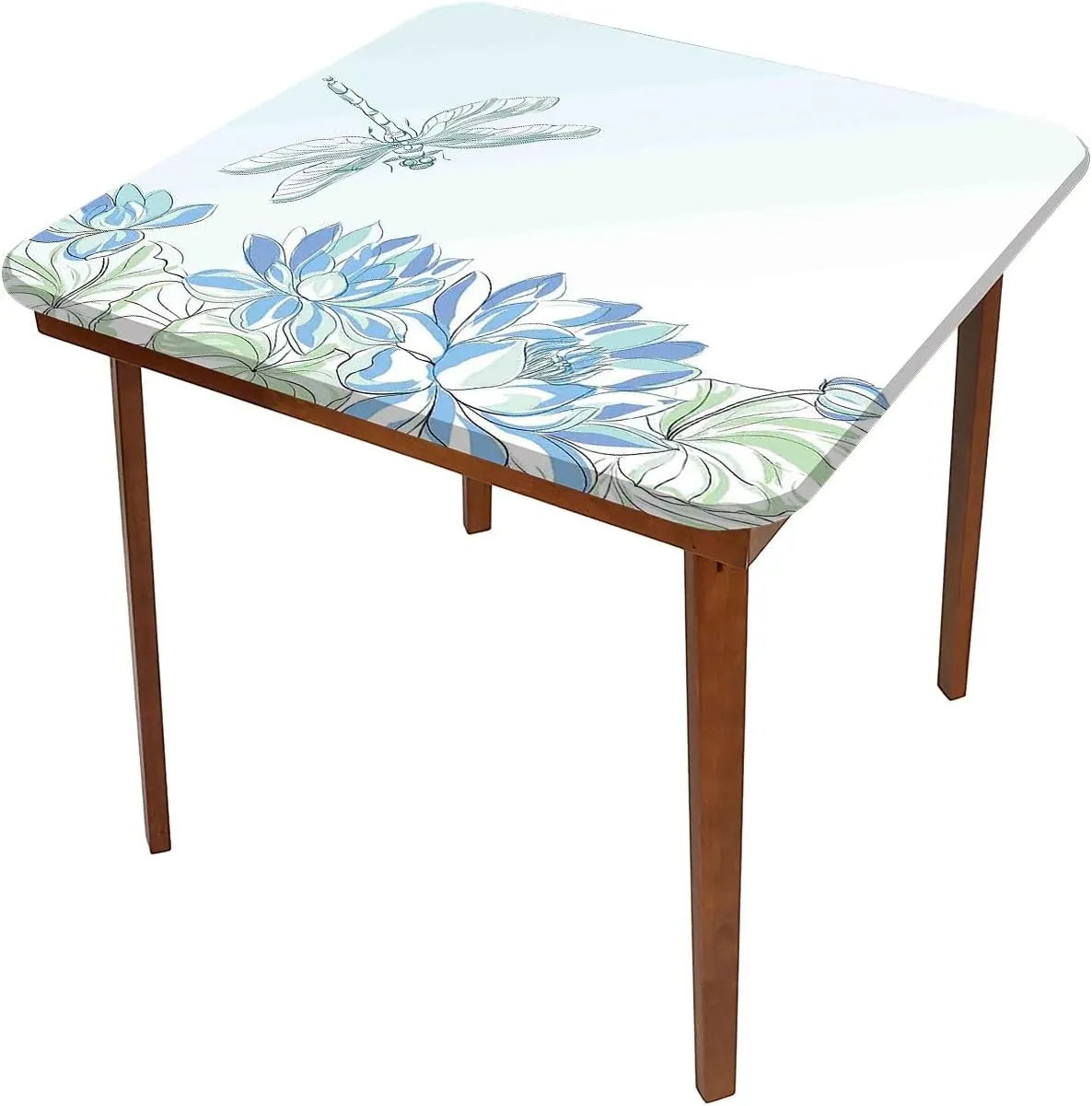 Dragonfly Table Cover Square, Waterlilies Flowers and Dragonflies Simplistic Elastic Table Cover Square, Fits 36x36 inch Table, for Restaurants Picnic Patio Outdoor Party Decor, Blue Green
