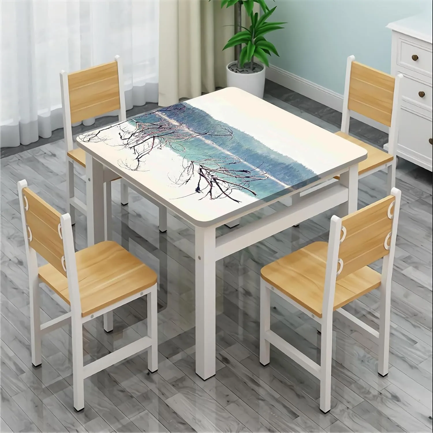 Driftwood Table Cover Square, Fallen Tree in Beach Elastic Table Cover Square, Fits 36x36 inch Table, for Restaurants Picnic Patio Outdoor Party Decor, Cream Green