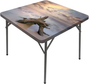Driftwood Tablecloths, Sunrise on The Water and Driftwood on Sandy Beach Elastic Table Cover Square, Fits 36x36 inch Table, for Restaurants Picnic Patio Outdoor Party Decor, Tan and Yellow