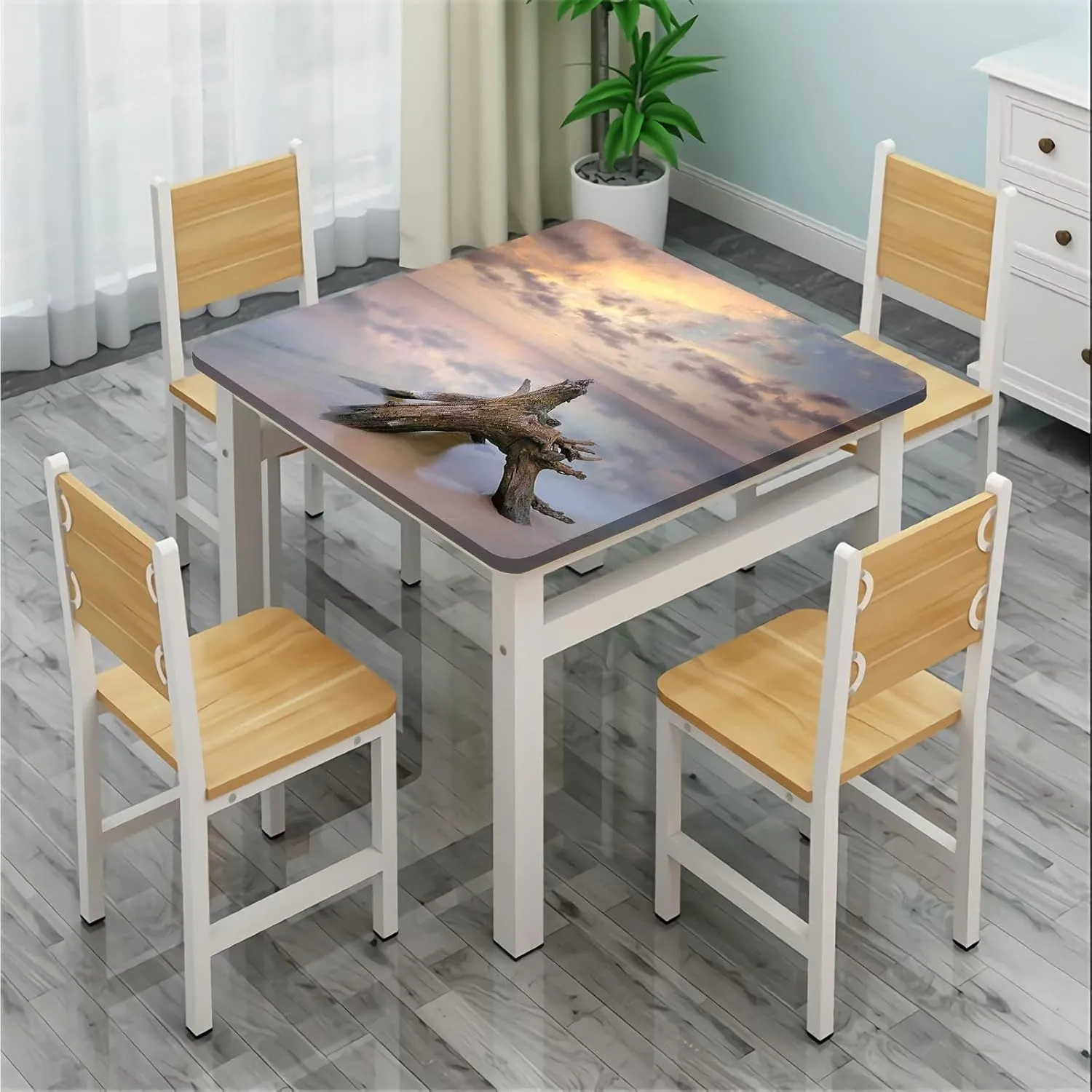 Driftwood Tablecloths, Sunrise on The Water and Driftwood on Sandy Beach Elastic Table Cover Square, Fits 36x36 inch Table, for Restaurants Picnic Patio Outdoor Party Decor, Tan and Yellow