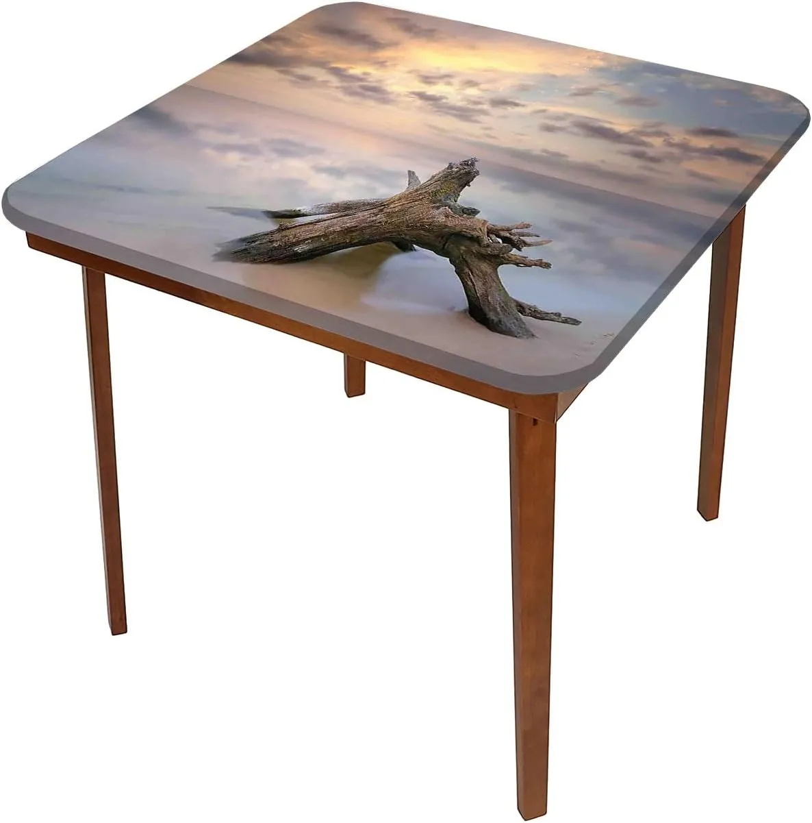 Driftwood Tablecloths, Sunrise on The Water and Driftwood on Sandy Beach Elastic Table Cover Square, Fits 36x36 inch Table, for Restaurants Picnic Patio Outdoor Party Decor, Tan and Yellow