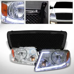 DRL LED STRIP CHROME HEAD LIGHTS AMBER w/BLK MESH BUMPER GRILL GRILLE 04-08 F150