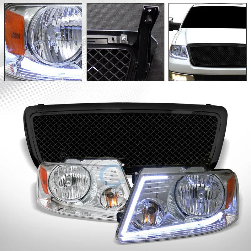 DRL LED STRIP CHROME HEAD LIGHTS AMBER w/BLK MESH BUMPER GRILL GRILLE 04-08 F150