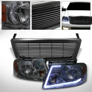 DRL LED STRIP SMOKE HEAD LIGHTS AMBER w/MATTE HORIZONTAL GRILL GRILLE 04-08 F150